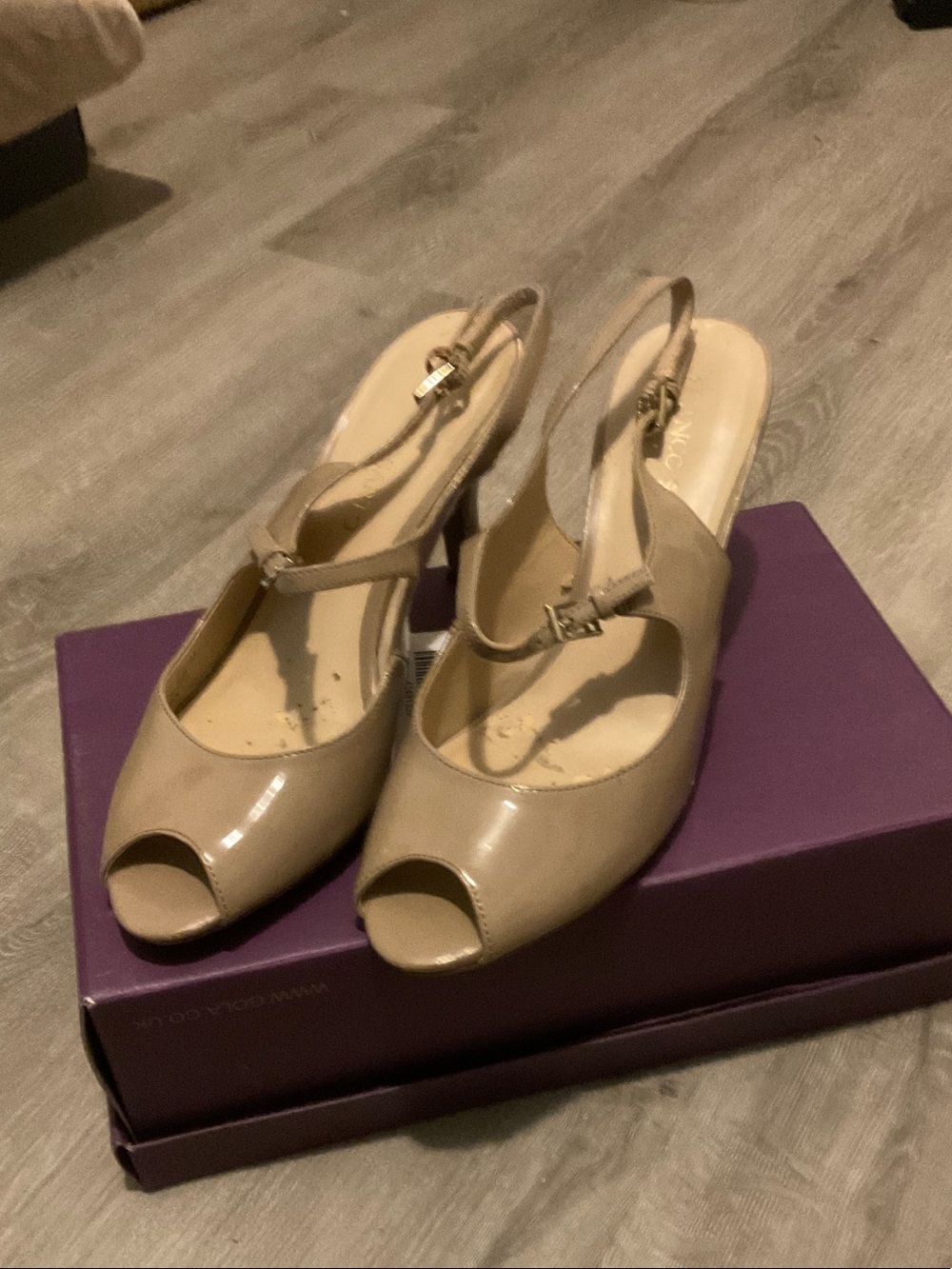 Franco Sarto Beige Patent Peep-Toe Slingback Heels